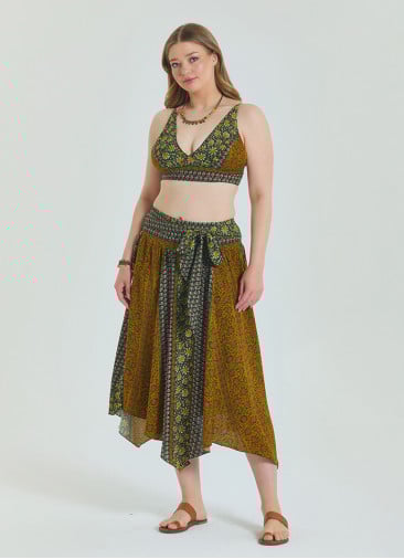 Green Plus Size Skirt with Waist Tie and Gipe Detail 4592